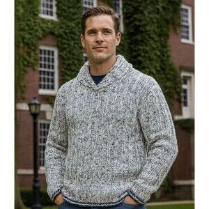 Grant Thomas Ragg Wool Sweater Mens Sz M VTG Black Chunky Shawl Collar Pullover